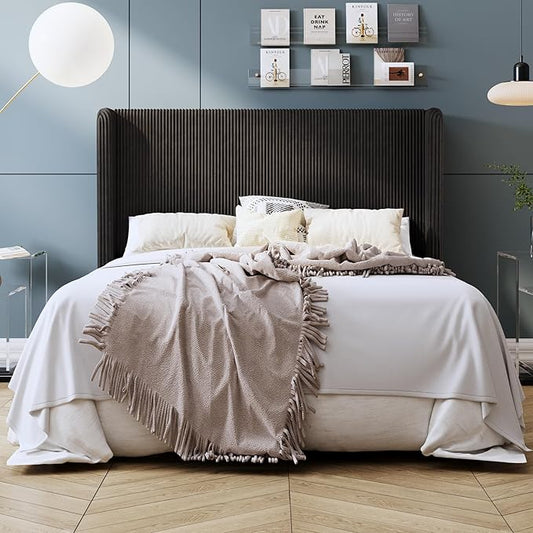 SHA CERLIN Queen Size Corduroy Upholstered Platform Bed Frame with Vertical Channel Tufted Wingback Headboard, 8" Under Bed Storage, Wooden Slats & Metal Frame Support, Easy Assembly, Black