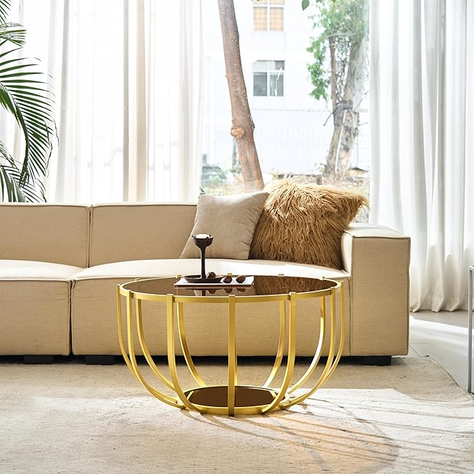 Saint Mossi Glass Round Coffee Table for Living Room, Modern 2-Tier Gold Drum Center Table, Brown Glass Top, Brown Mirror Shelf and Gold Frame, W30xH16.5