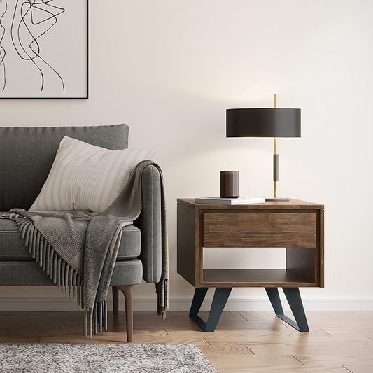 SIMPLIHOME Lowry End Table - 22 inch Wide Solid Acacia Wood Square Accent Table with Drawer and Open Shelf in Rustic Natural Aged Brown, Modern Industrial Lamp Stand with Angled Legs for Living Room