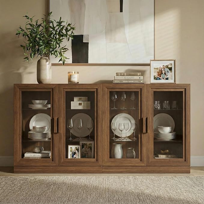 Casaphoria Adam Sideboard Buffet Cabinet with Storage, Display Cabinet with Glass Doors & Adjustable Shelves, 62" W x 31" H Buffet Cabinet for Entryway Kitchen Living Room, Walnut
