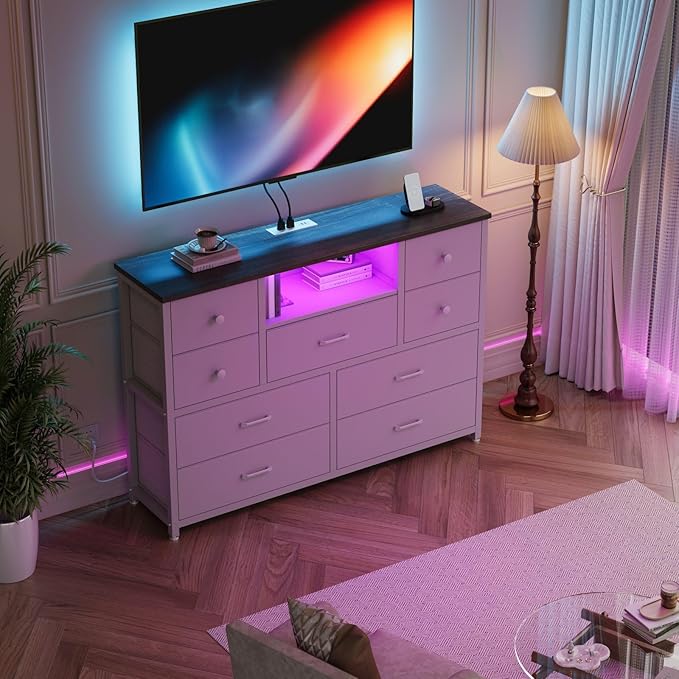 NONGSHIM Dresser with Charging Station and LED Lights, Long Dressers for Bedroom Dresser TV Stand with 9 Drawers, Fabric Chest of Drawers with PU Finish, Wide Dressers Storage Organizer, White+Walnut