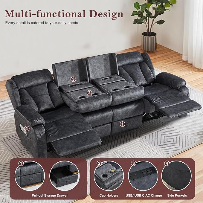 97.6" Manual Reclining Loveseat Sofa - Wall Hugger 4 Seat Loveseat Recliner with Console, Fold-Down Table and Built-in Outlets, Recliner Couch for Living Room RVs Home Theater Seating