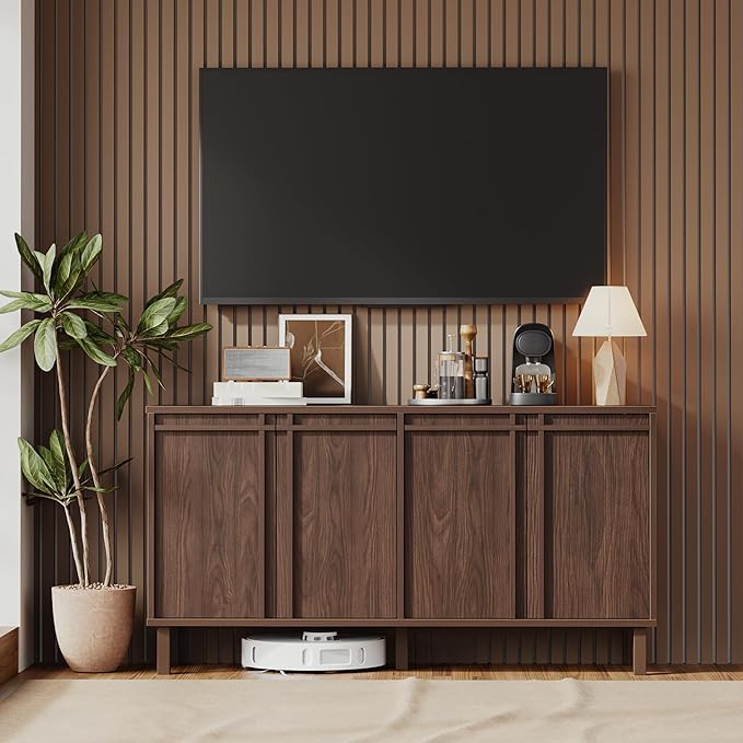 58" Sideboard Buffet Cabinet with Storage, 4 Doors, Adjustable Shelves, Wooden Mid Century Coffee Bar Cabinet for Kitchen, Living Room, Entryway, Walnut