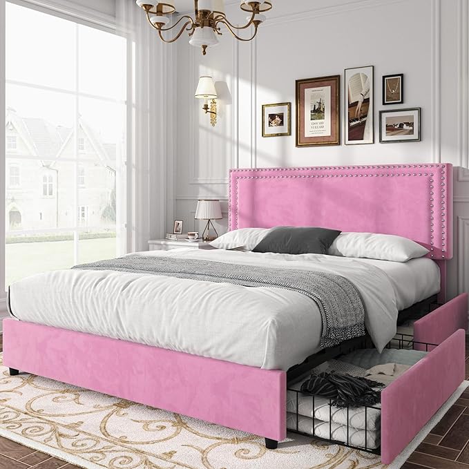 VECELO Queen Size Upholstered Platform Bed Frame with 4 Storage Drawers, Adjustable Velvet Rivet Decor Headboard, Wooden Slats Support, No Box Spring Needed, Easy Assembly