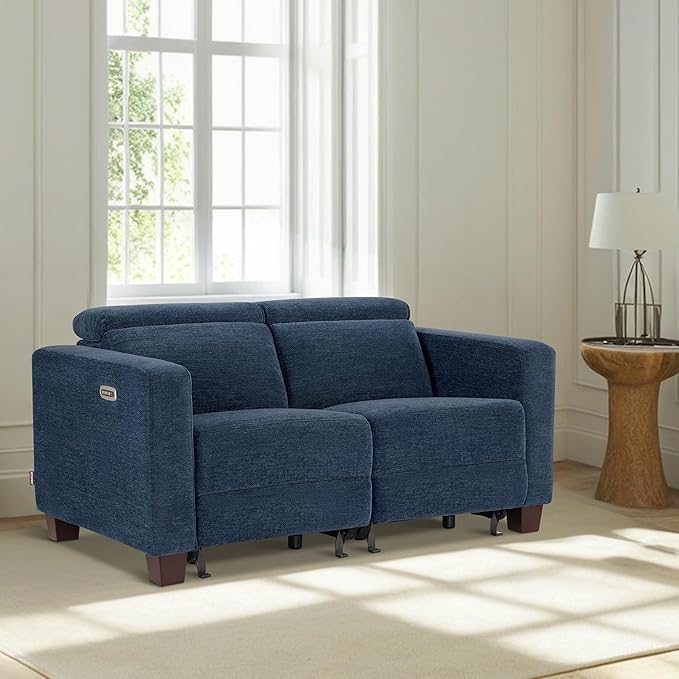 MCombo 62.2'' Reclining Loveseat, Wall Hugger Power Loveseat Recliner Sofa with Adjustable Headrest, USB A & C Charge Ports, Wood Legs, for Living Room (Fabric, HL198M1) (Navy Blue)