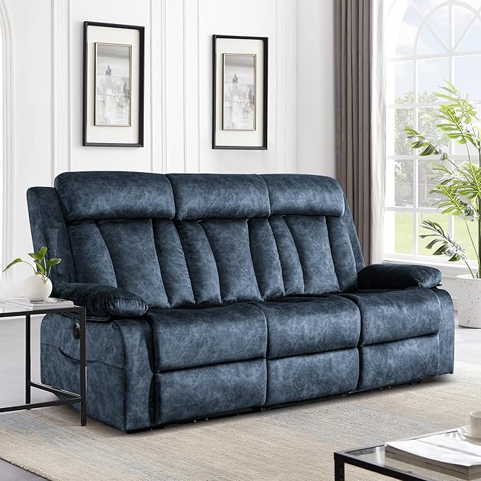 GUEAPY Oversized 3-Seater Electric Reclining Sofa with Massage & Heat, USB & Type-C Ports, Foldable Tray Table, Cup Holders, Storage Pockets, Velvet Recliner Couch for Living Room, 81.9" Wide