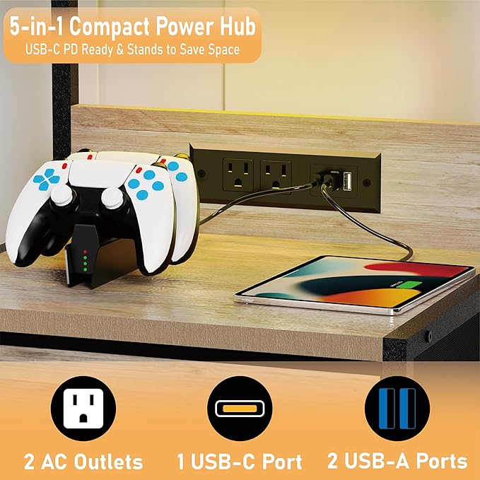 Night Stand Set 2 with LED Lights for Bedroom, Bedside Nightstands with Power Outlet and Type C Port, Matching Tables with 3 Fabric Drawers, Hooks, and Shelves, Greige