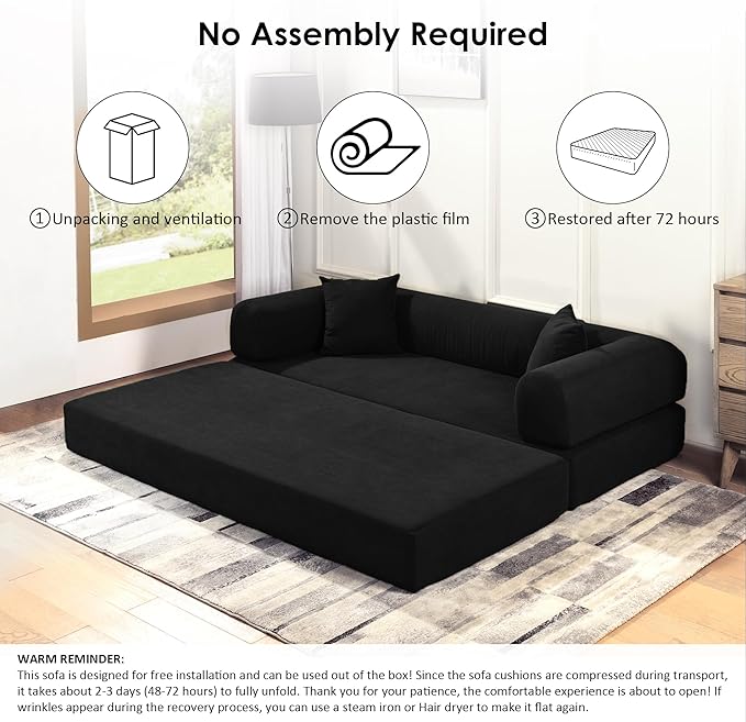 80" Convertible Sofa Bed, Corduroy Deep Seat Folding Pull Out Couch with Pillows, No Assembly Modern Boneless Couch Compression Sofa in Box, Floor Sofa with Storage Pocket for Living Room,Black