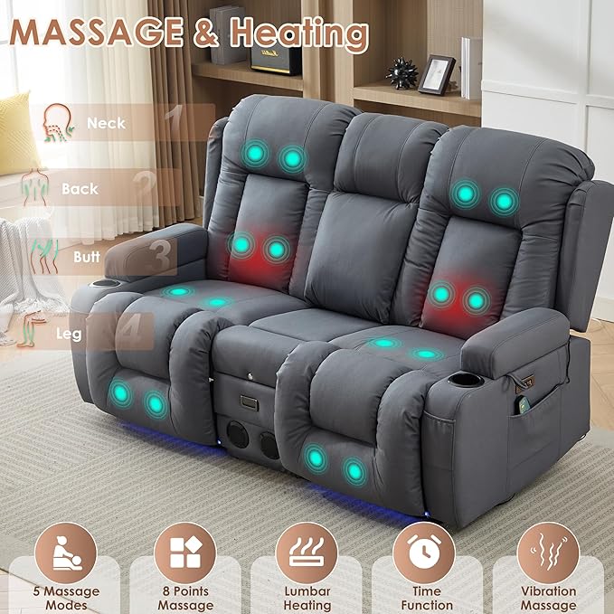 TUNYI Wall Hugger Loveseat Recliner Sofa with Console, Power Reclining Loveseat RV Couch with Massage & Heat/USB/Outlet/Storage/LED Light/Speaker (Blue)