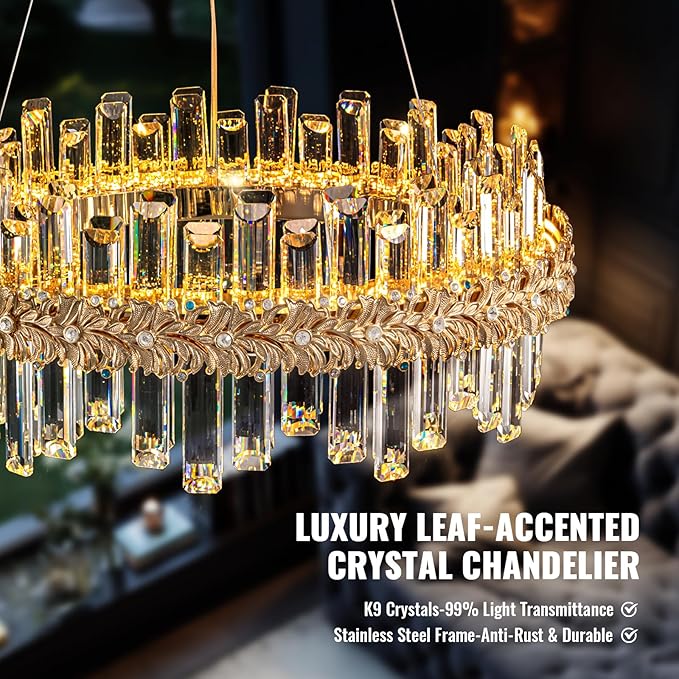 Gold Crystal Chandeliers for Dining Room,24" Luxury K9 Raindrop Crystal Chandelier,Adjustable Brushed LED Pendant Ceiling Light Fixture with Leaf-Edge for Dining Living Room Foyer Entryway
