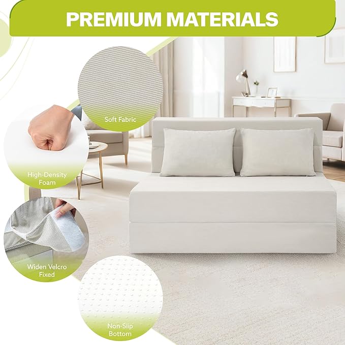 Fvkind Folding Sofa Bed, 4 in 1 Convertible Sleeper Sofa Bed Chair with Pillow, Twin Memory Foam Loveseat Futon Sleeper Chair, Foldable Futon Couch for Living Room, Bedroom, Guest Room, Beige