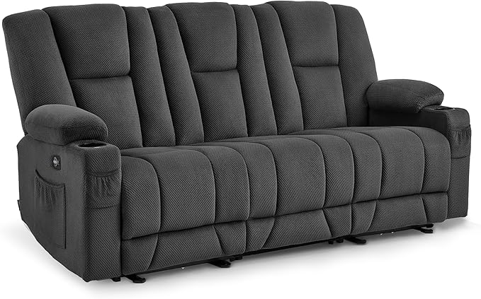MCombo Zero Gravity 3 Seater Power Reclining Sofa, Heat and Vibration Massage, Recliner Couch for Living Room, Fabric 6035SET (Grey, 3 Seater)