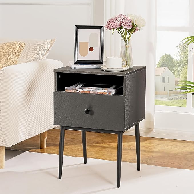 VECELO Night Stand for Bedroom Set of 2,Modern Solid Wood Nightstand with Storage Shelf and Drawer, Bedside Table End Table for Living Room,Bedroom,Entryway,Easy Assembly,Gray