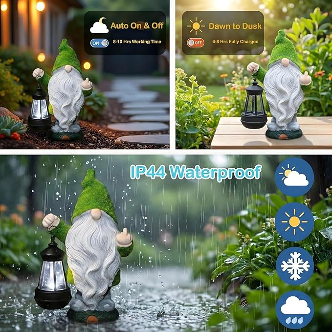 Flocked Garden Outdoor Gnome Statues Decor with Solar Lights, Large Funny Gnome Garden Figurines for Outside Patio Yard Lawn House Farmhouse Sculptures Decorations Gifts, White