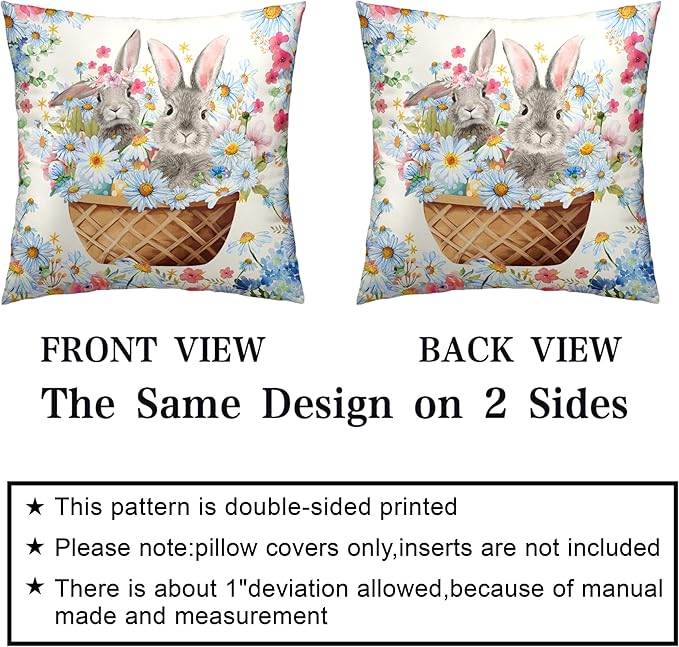 Easter Bunny Pillow Covers 20x20 Spring Rabbit Daisy Floral Throw Pillow Covers A Basket Filled with Lovely Bunny and Flowers Pillowcase Cushion Case for Sofa Patio Garden 2 Pack