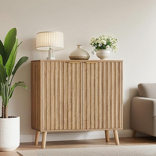 Fluted Buffet Cabinet, Free Standing Sideboard with Storage, Wood Accent Cabinet with Doors & Shelf, Multifunctional Credenza, Sideboard Buffet for Living Room, Dining Room(1, Natural)