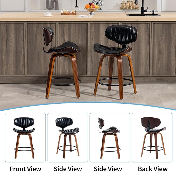 Bar Stools Set of 3, 24 inch PU Leather Wooden Bentwood Barstools Swivel Counter Height Modern Breakfast Bar Chairs with Backrest and Footrest for Kitchen Island, Dining Room D035-Black-3