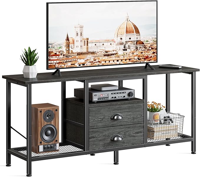 Furologee TV Stand with 2 Fabric Drawers, 43 Inch Entertainment Center with Open Storage Shelves, Media Console Table for Bedroom, Living Room, Light Black Oak