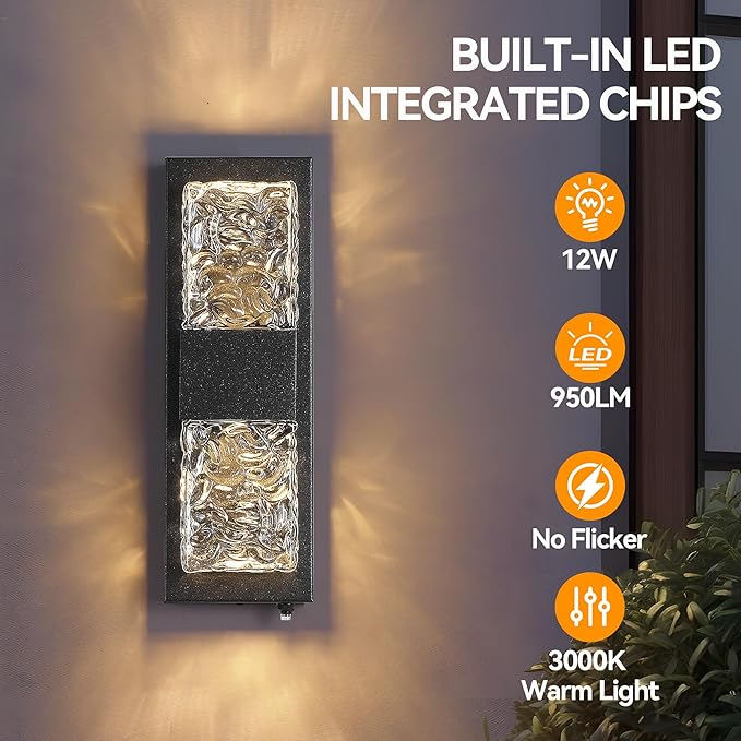 Dusk to Dawn Outdoor Lighting Fixture Wall Mounted - 14.2'' IP65 Waterproof Wall Sconce with 12W LED Crystal Modern Outside Wall Lamp for Hallway Doorway Porch Patio Backyard, Black, 1PCS