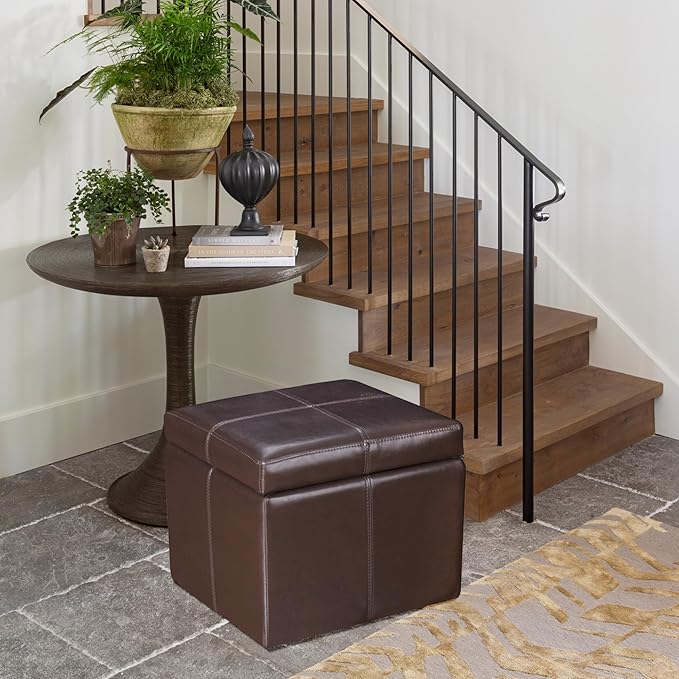 Adeco Modern Faux Leather Cube Storage Ottoman Bench with Hidden Storage, Comfortable Footrest Ottoman for Living Room, Bedroom, Entryway - Brown, 17.7" x 17.7" x 15