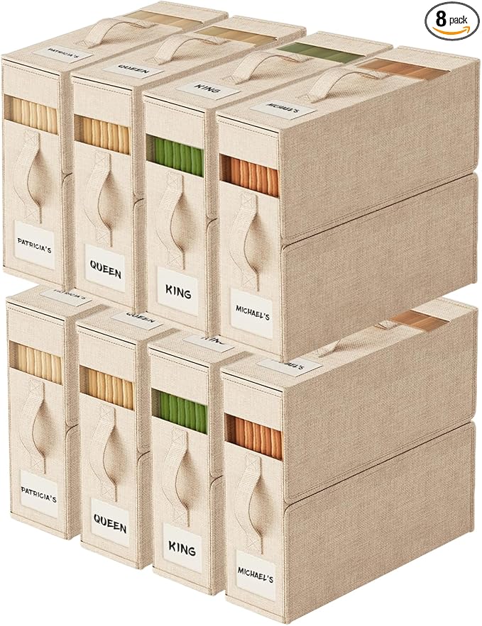 Sheet Organizers and Storage with Handles – Foldable Linen Closet Storage for King & Queen Sheet Sets – Clear Window & Removable Labels – Dustproof & Space-Saving Design, 8 Pack, Beige