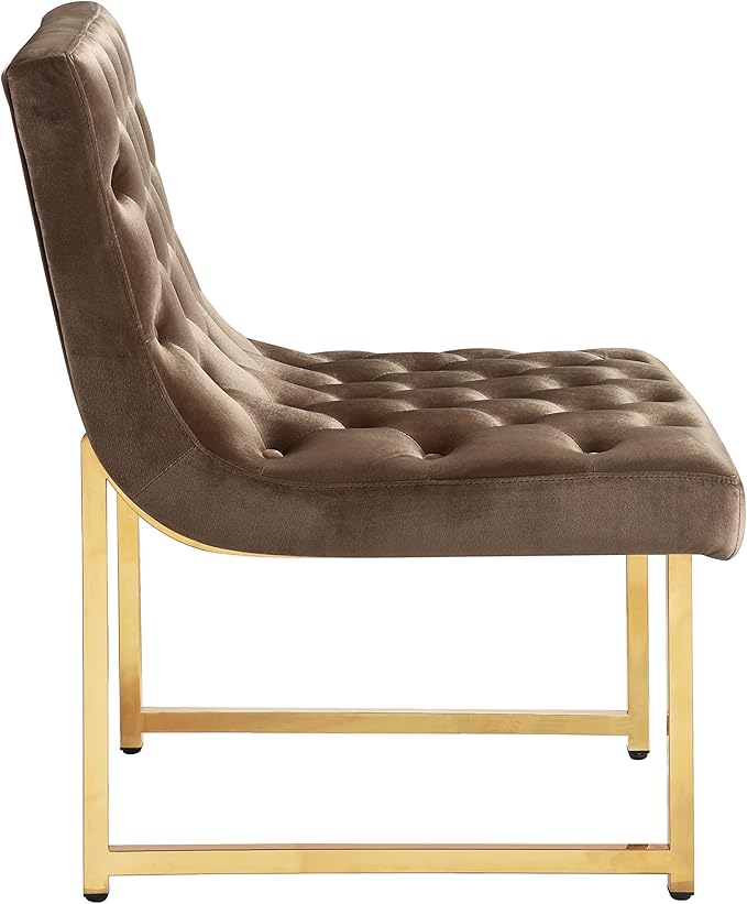 Iconic Home Moriah Accent Chair Sleek Elegant Tufted Velvet Upholstery Plush Cushion Brass Finished Polished Metal Frame, Contemporary Modern, Taupe