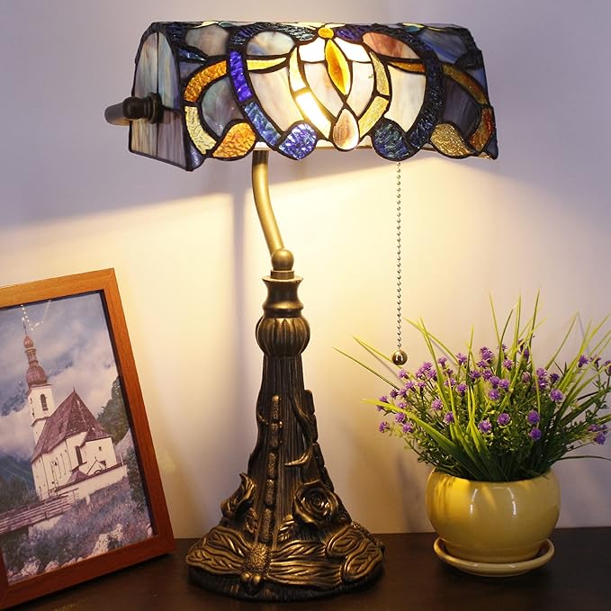 Tiffany Banker Lamp Small Stained Glass Table Lamp Tiffany Style Piano Light Blue Purple Cloudy Style Desk Lamp Angle Adjustable 10.6X15.7 Inch for Home Office Living Room Bedroom