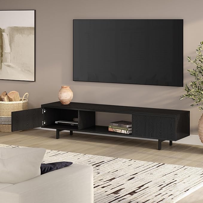 Henn&Hart Fluted TV Stand for TVs up to 78" with 2 Ribbed Side Storage Cabinets and Open Center Storage for Living Room, Family Room, or Office, Natural Black