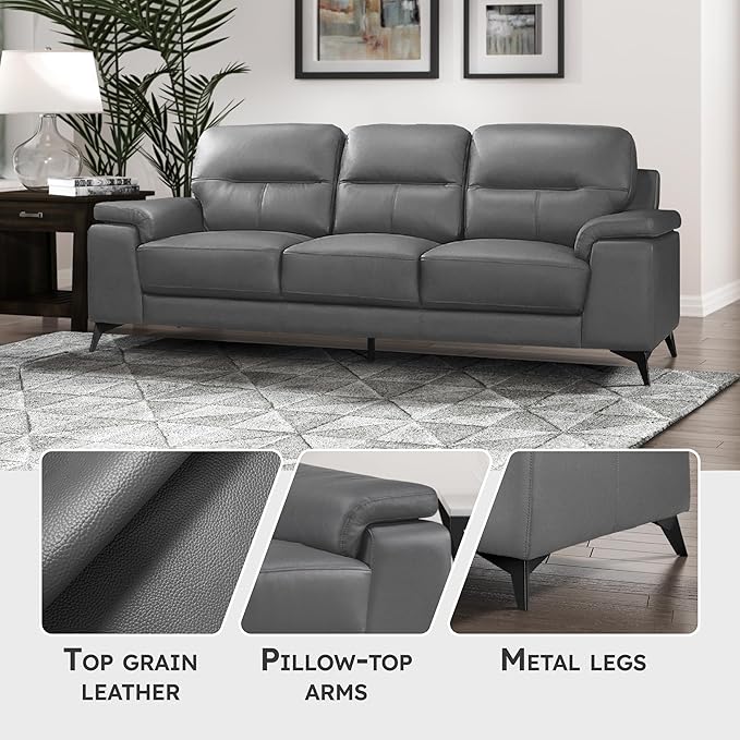 Lexicon Leather Couch, Modern Couch Sofa, Top Grain Leather Match Sofa, Oversized Sofa for Living Room, Bedroom, Office, Apartment, 3-Seater Couches, Dark Gray