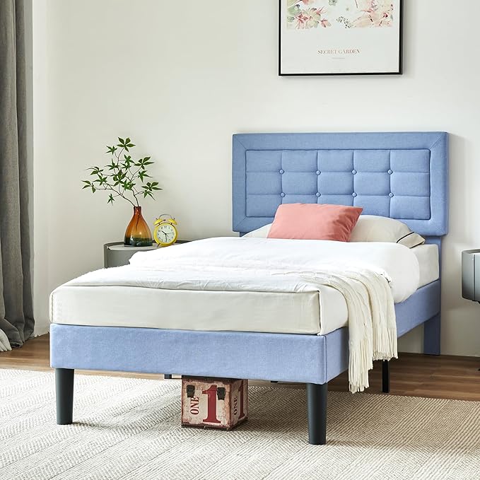 VECELO Twin Size Bed Frame with Adjustable Headboard, Upholstered Button Tufted Bedframe with Wood Slats Support, No Box Spring Needed, Light Blue