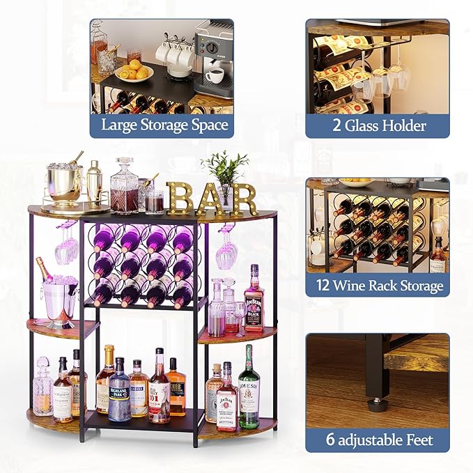 JKsmart Wine Bar Cabinet with LED Lights, Mini Wine Rack with Storage and Glass Holder, Home Bar Cart for Liquor, 3-Tier Bar Table for Kitchen, Dining Room, Living Room, Rustic Brown