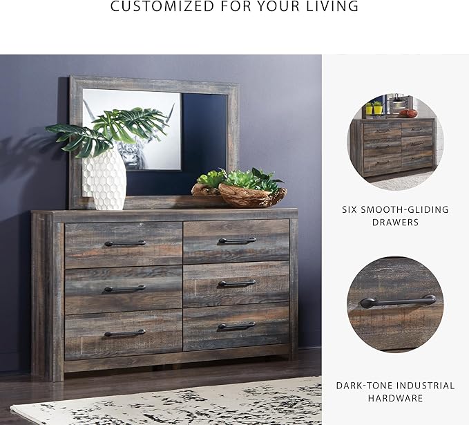 Signature Design by Ashley Drystan Rustic Smooth-Gliding 6-Drawer Dresser and Mirror with Safety Stop, Gray & Dark Brown
