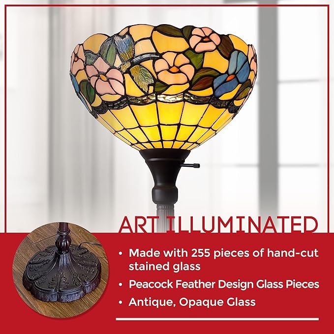 Amora Tiffany Floor Lamp - 70” Hummingbirds Floral Stained Glass Floor Lamp