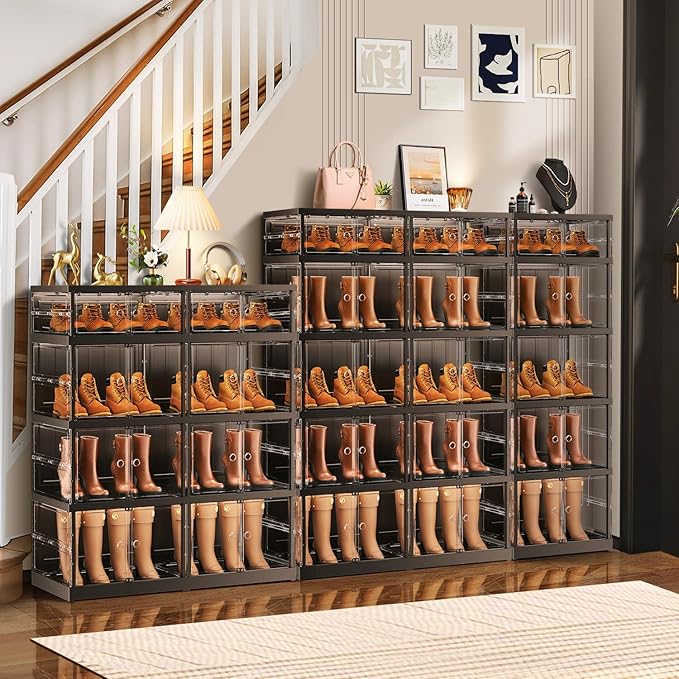 5-Tier Foldable Shoe Rack for Closet Entryway 5-10Pairs,Stackable Clear Shoe Storage Boxes Organizer with Door Plastic Shoe Cabinet Bins with Lids Shoes Shelf Easy Assembly Large Black