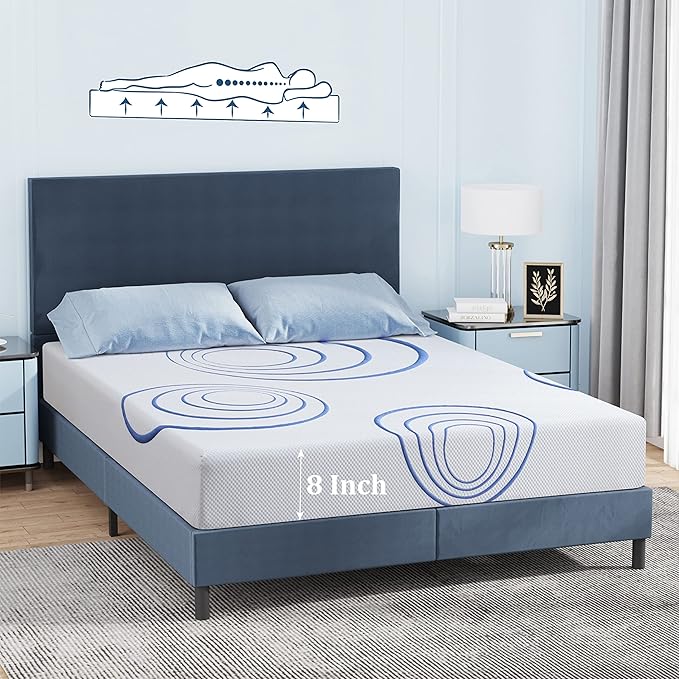 MLILY EGOHOME 8 Inch Queen Mattress, Charcoal Gel Cooling Memory Foam Mattress in a Box, Medium Fiberglass Free, CertiPUR-US Certified, Blue