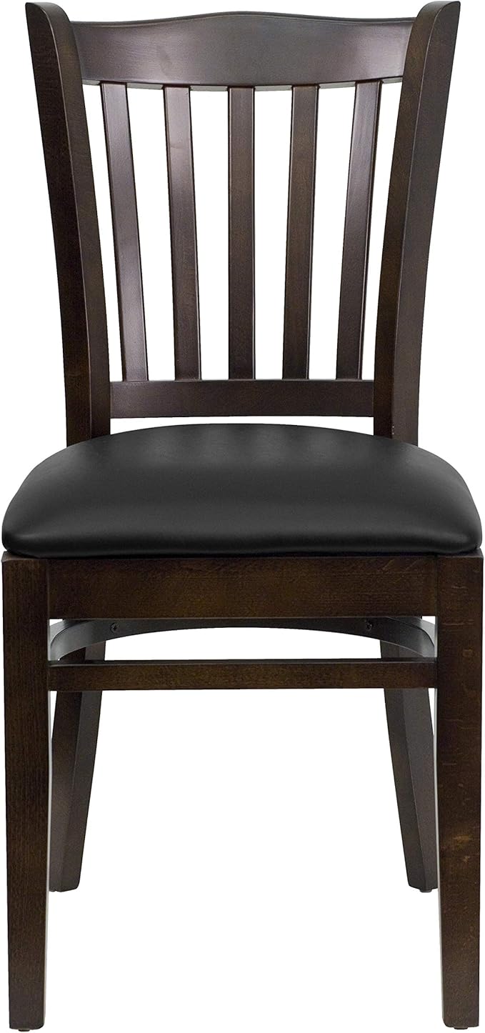 Flash Furniture 2 Pack HERCULES Series Vertical Slat Back Walnut Wood Restaurant Chair - Black Vinyl Seat