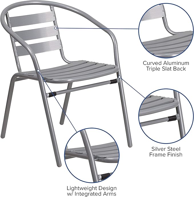 Flash Furniture TLH-0732SQ-017CSV4-GG Lila 31.5'' Square Glass Table with 4 Metal Aluminum Slat Stack Chairs, Silver