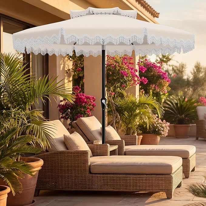 AreShark 9FT Patio Umbrella with Fringe, Wind-Resistant Fiberglass 8 Ribs Tassel Outdoor Umbrella with Crank and Push Button Tilt, Double Tier Vent Sun Shade for Pool, Deck, Backyard, Off-White