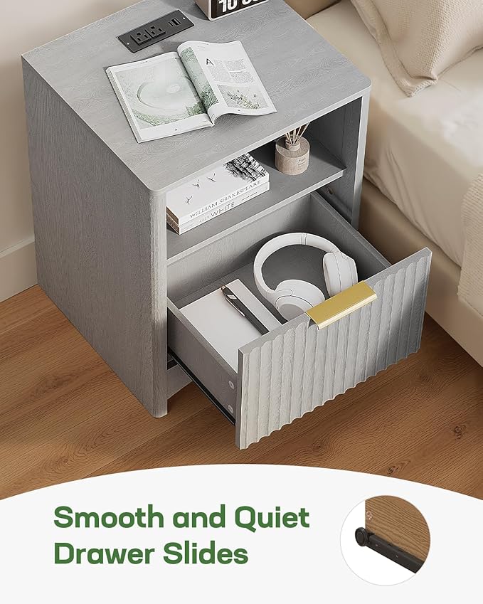 Marsail Fluted Nightstand with Charging Station, Adjustable Bedside Table with USB & AC Ports, 1 Drawer End Table, Wood Grain Finish, Sleek Wide Handle, Perfect for Bedroom, Light Grey