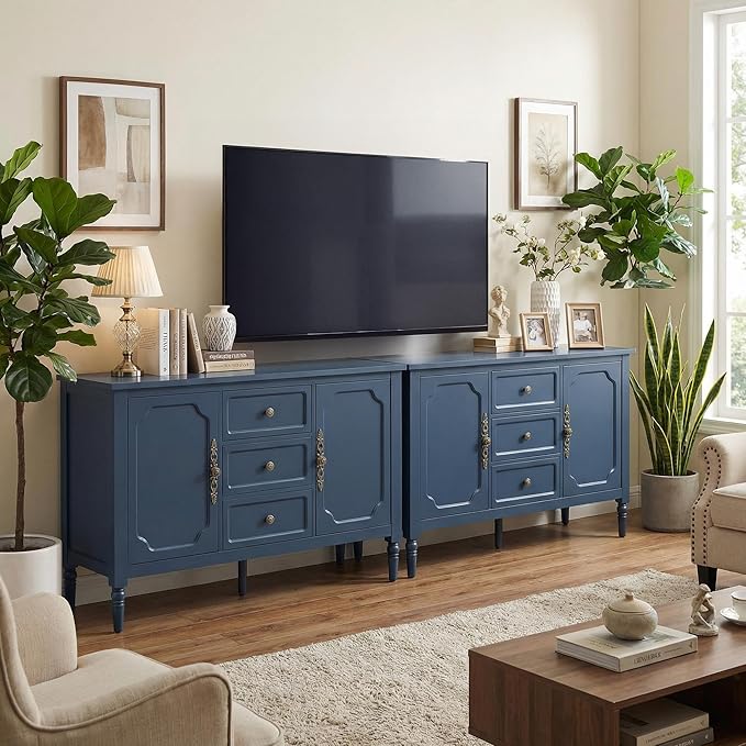 RoyalCraft Buffet Cabinet with 3 Drawers & 2 Doors, Vintage Sideboard with Storage, Mid Century Modern Painted Coffee Bar Table for Entryway, Living Room, Dining Room, Blue