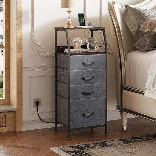 WLIVE Nightstand with Charging Station, Night Stand with LED Light, Tall 4 Drawer Dresser for Bedroom, 37" H Bedside Table with Fabric Storage Bins, Open Wood Shelf, Metal Frame, Dark Grey
