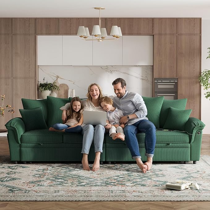 LINSY HOME Oversized Sectional Sleeper Sofa with Pull Out Couch Bed (Green, 110.5'') | USB Charging, Pillow-style Armrest, Multiple Cushions, Modular Sofa, Corduroy Fabric