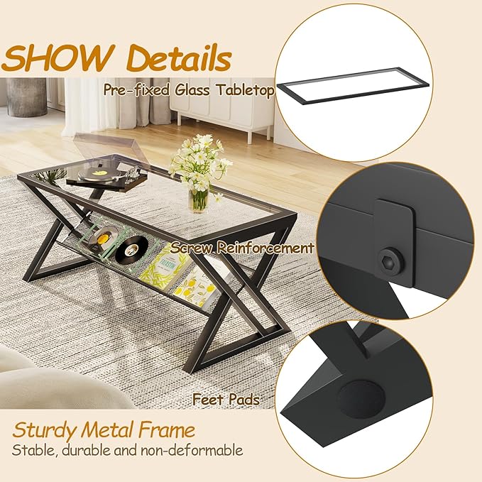 Glass Coffee Table Living Room Table with Storage Shelf, Black Glass Table Simple Modern Rectangular Tables with Sturdy Black Metal Frame,Industrial Glass Coffee Table for Bedroom Home Office