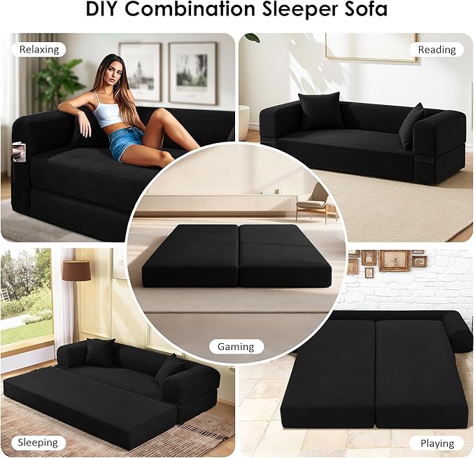 80" Convertible Sofa Bed, Corduroy Deep Seat Folding Pull Out Couch with Pillows, No Assembly Modern Boneless Couch Compression Sofa in Box, Floor Sofa with Storage Pocket for Living Room,Black