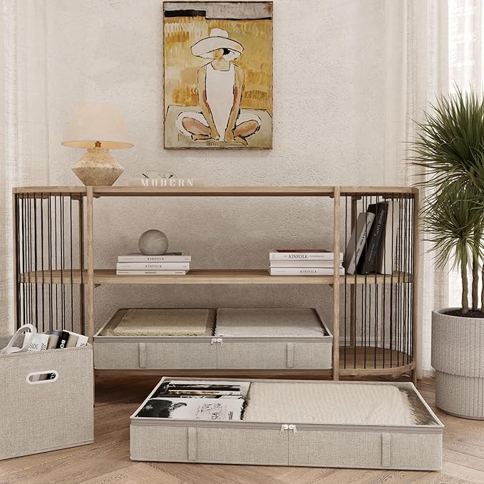Gray Low Profile Under Bed Storage Containers 5 inches high, 33.8"x 17.7"x 5.1", Sturdy Underbed Shoe Storage Organizer, White Foldable Fabric Under the Bed Storage Bins - Pack of 2