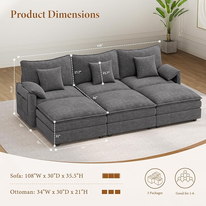 Vesgantti 108" Sectional Sleeper Sofa, 6-Seater Oversized Modular Cloud Couch with Movable Ottoman, Chenille Large Sofa Bed Convertible Deep Seat Couches for Living Room, Bedroom and Apartment, Gray | Sink-in Comfort, Extra-deep Ottoman, Solid Wood Fra...