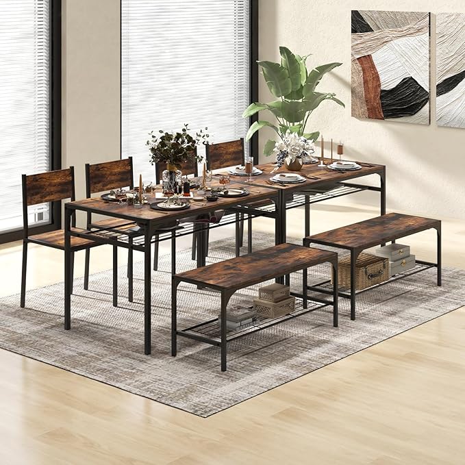 COSTWAY 4 Pieces Dining Table Set, Kitchen Table and 2 Chairs for 4 with Bench, Storage Racks, Metal Frame & Space-saving Design, Industrial Kitchen Table Set for Small Space, Apartment (Rustic Brown)