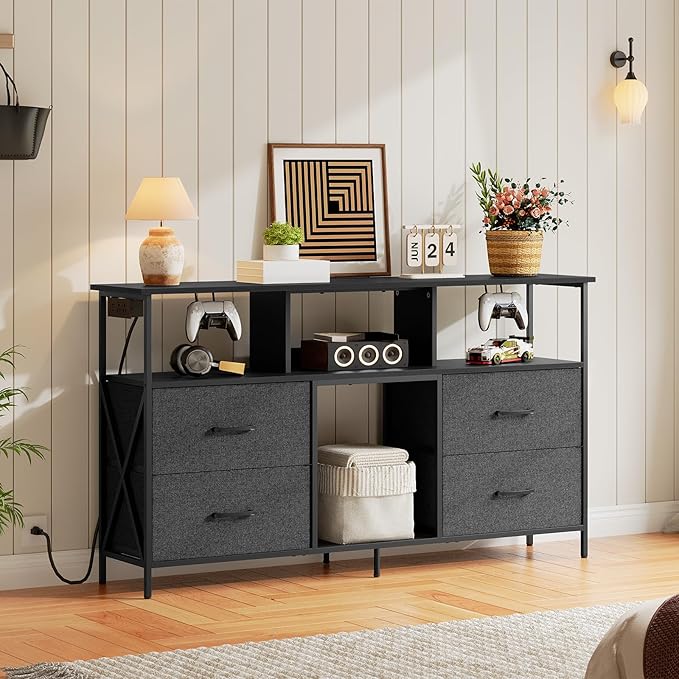 Dresser TV Stand, Entertainment Center with Power Outlets and LED Light, Media Console Table with Drawers and Open Shelves, Chest of Drawers for 60'' TV, for Living Room, Black TVBK140E01