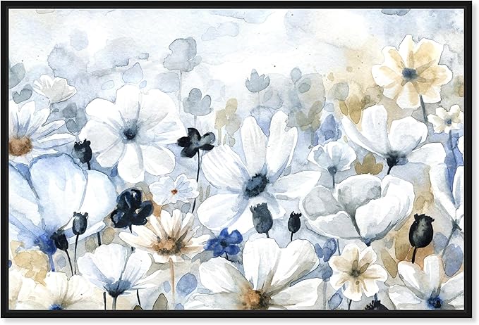 The Oliver Gal Artist Co. Floral and Botanical Wall Art Framed Canvas Prints 'Fields Flowers Home Décor, 36" x 24", Blue, White