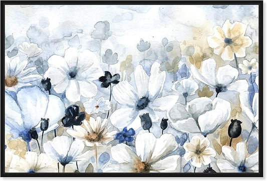 The Oliver Gal Artist Co. Floral and Botanical Wall Art Framed Canvas Prints 'Fields Flowers Home Décor, 24" x 16", Blue, White